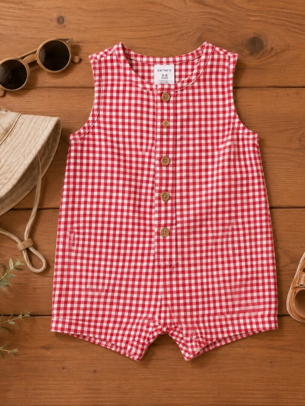 NWT Red and White Gingham Button-Front Romper